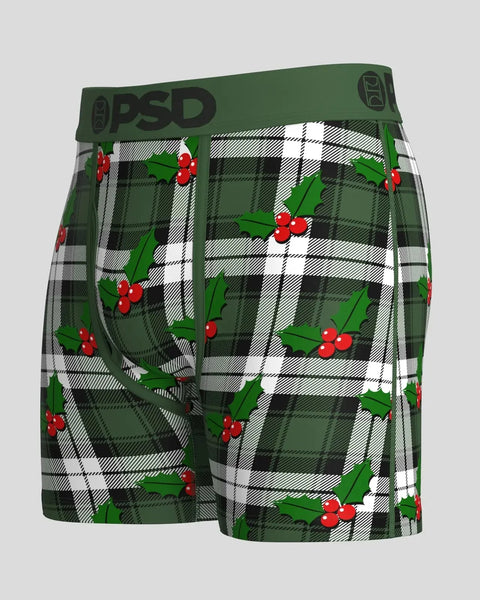 Green and white plaid boxer shorts with holly and red berries print, PSD branded waistband.