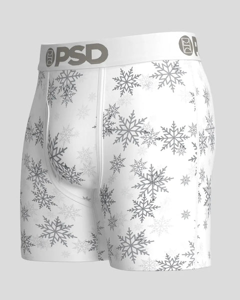 White modal boxer briefs with gray snowflake pattern and gray PSD waistband.