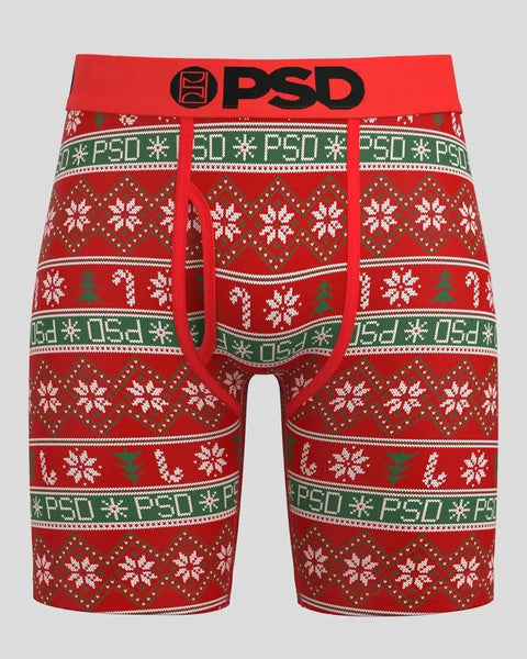 Red boxer briefs with PSD waistband featuring white snowflakes and green holiday pattern bands.