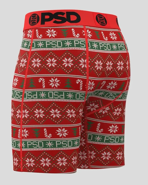 Red PSD boxer shorts with snowflake and holiday-themed knit pattern bands, elastic waistband with logo.