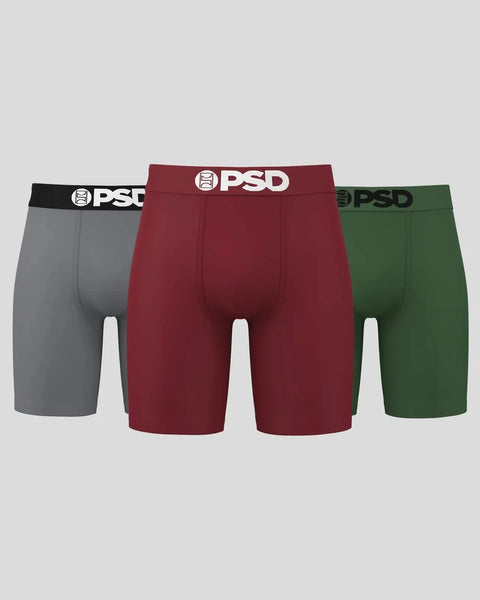 Three PSD boxer briefs in gray, burgundy, and forest green with branded waistbands.