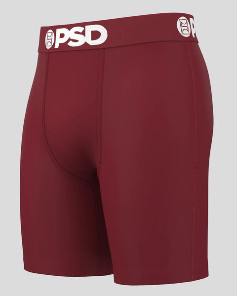 Burgundy PSD boxer briefs with white logo waistband and center seam detail.