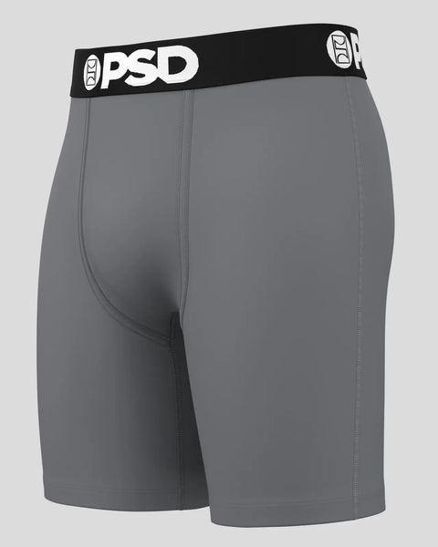 Gray PSD boxer brief with black waistband and white logo on elastic band.
