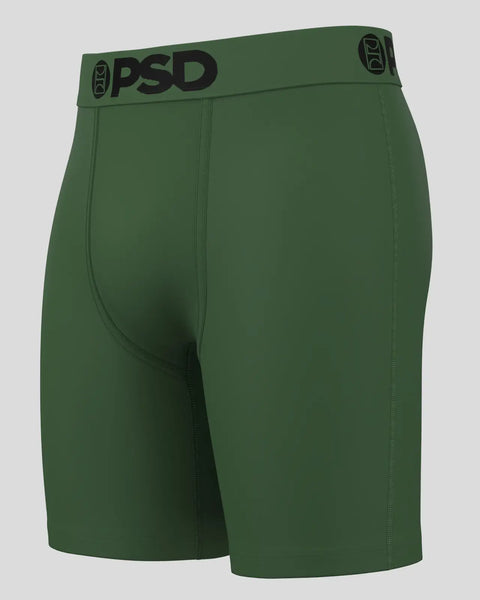 Forest green PSD boxer briefs with black waistband and logo.