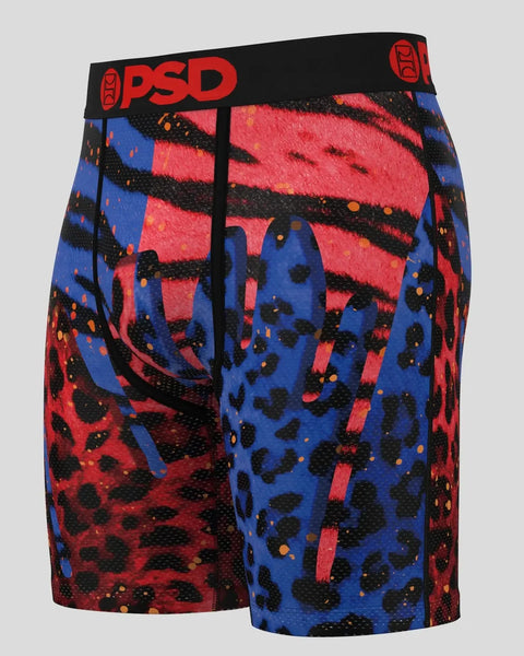 PSD boxer brief with red and blue abstract pattern, black waistband with red logo.