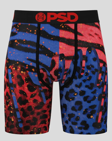 PSD boxer briefs with red and blue leopard print pattern, black waistband with red logo, and orange accent dots.
