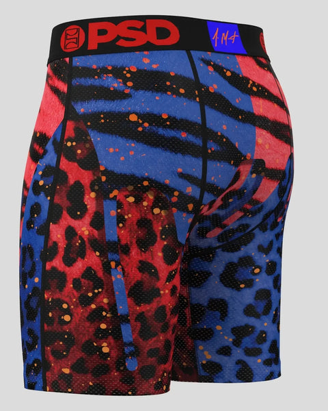PSD boxer brief with red, blue, and black abstract pattern featuring orange accents and leopard print design.