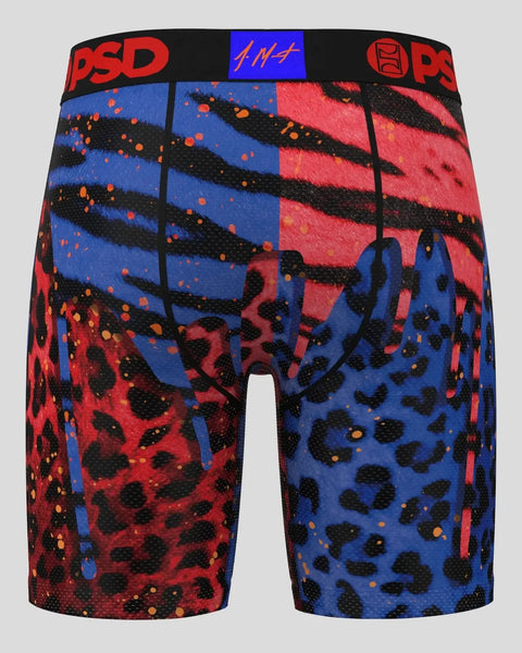 PSD boxer briefs with red and blue color-blocking, black brushstroke and leopard print pattern, orange accent dots, and red w