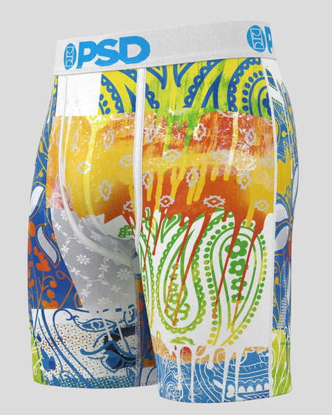 PSD boxer briefs with blue waistband featuring multicolored abstract burst pattern in yellow, orange, green, and blue.
