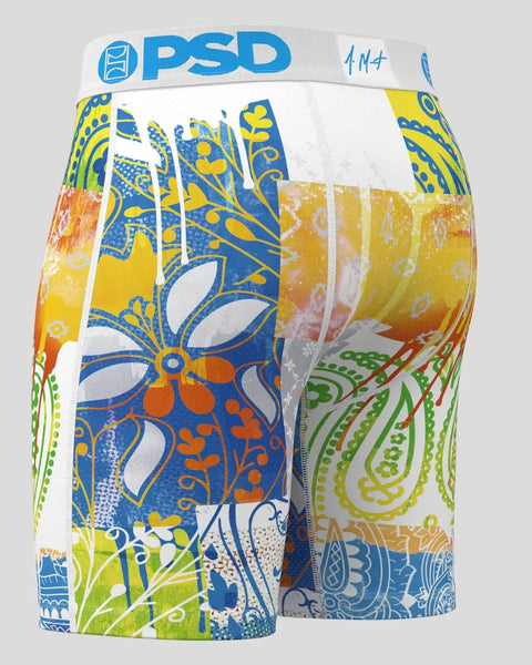 PSD boxer briefs with blue, yellow, orange, and green paisley and floral pattern design.