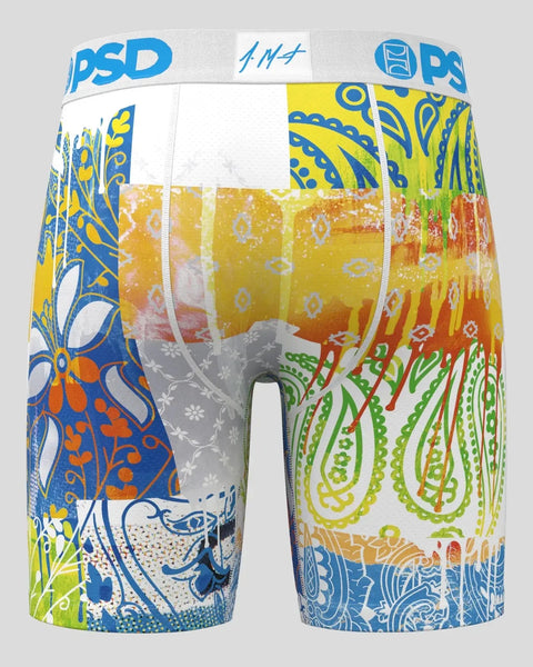 PSD boxer briefs with colorful abstract patterns in blue, yellow, orange, green, and white with decorative ornamental designs