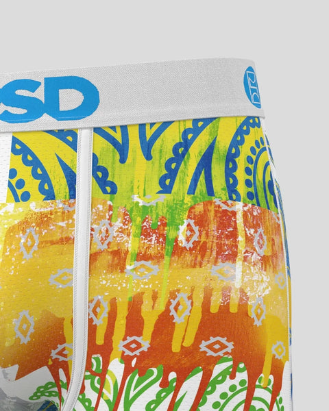 Athletic shorts with blue waistband, colorful geometric and abstract patterns in yellow, orange, red, and green throughout.