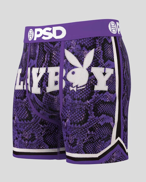 Purple and black snakeskin-pattern boxer briefs with white Playboy bunny logo and PSD waistband.