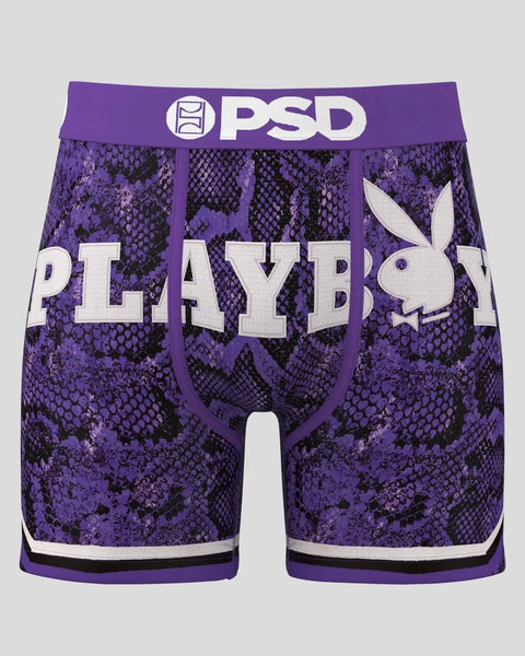 Purple and black snakeskin pattern boxer briefs with PSD waistband and Playboy logo in white.