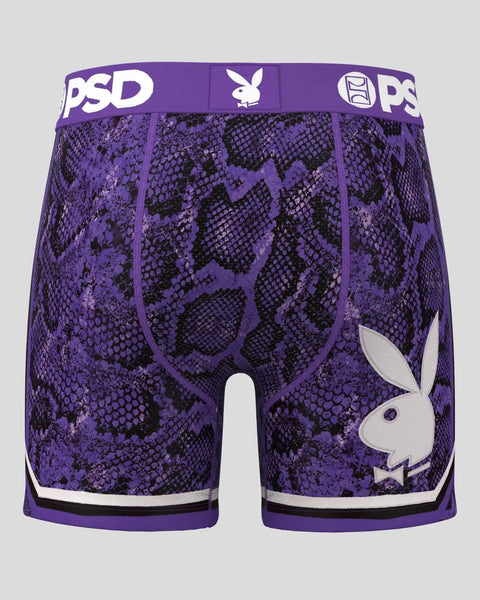 Purple and black snake-pattern boxer briefs with Playboy logo and bunny emblem on waistband and leg.