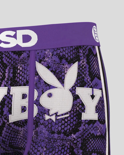 Purple and black snakeskin patterned underwear with white Playboy bunny logo and brand text on waistband.