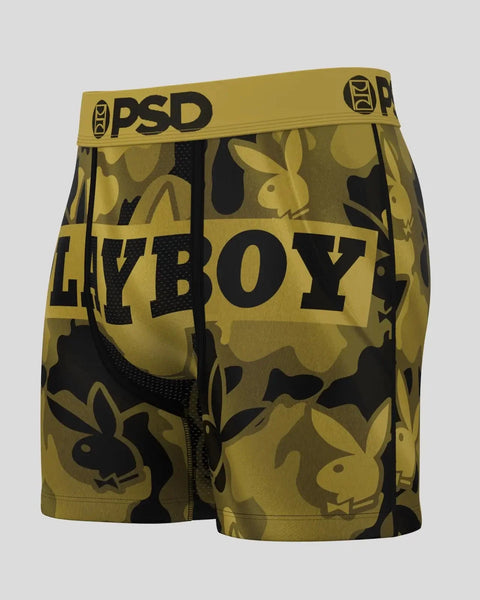 Gold and black boxer briefs with repeated Playboy bunny logo pattern and PSD waistband.