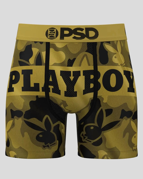 Gold and black Playboy bunny patterned boxer briefs with PSD waistband and mesh panel.