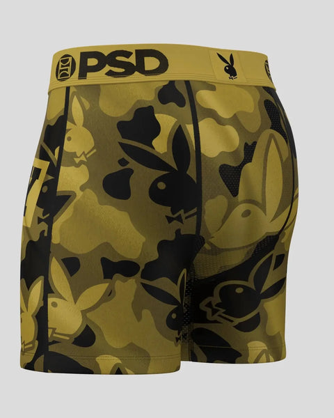 Gold and black Playboy bunny patterned boxer briefs with PSD waistband.