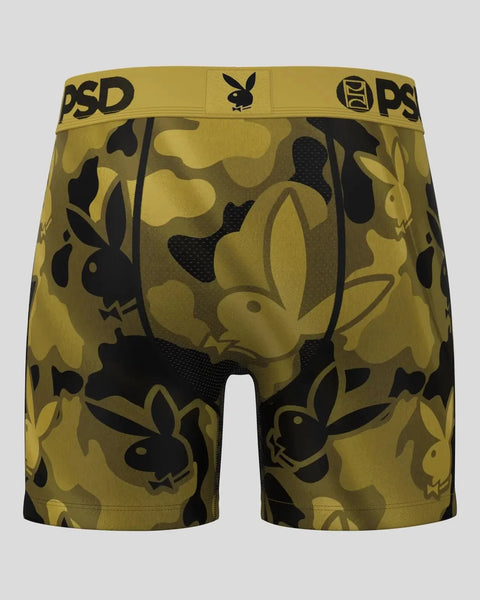 Gold and black Playboy bunny patterned boxer shorts with PSD waistband.