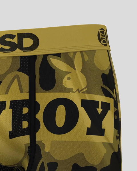 Gold and black Playboy silk boxer briefs with bunny logo and text pattern.