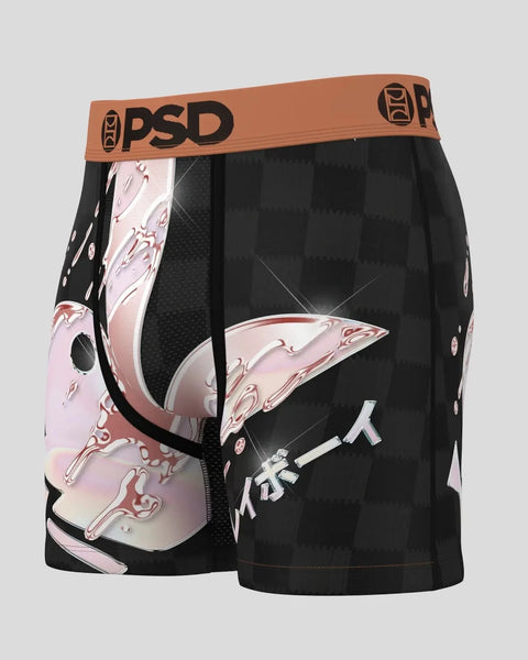 PSD boxer briefs with orange waistband, black quilted back panel, and pink liquid rose graphic on front.