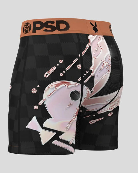 Black boxer briefs with orange PSD waistband featuring pink and white rose drip graphic design on front and sides.