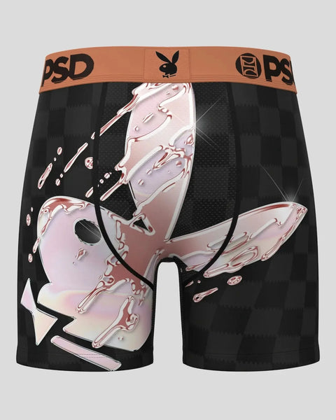 Black boxer briefs with orange PSD waistband featuring pink rose and liquid drip graphic design on front.