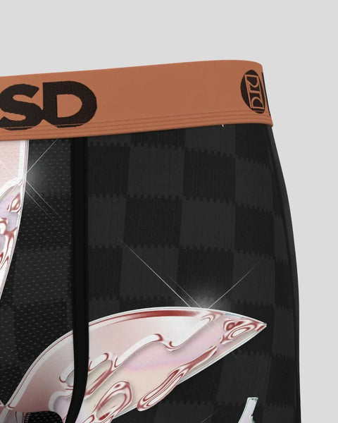 Black boxer briefs with tan waistband featuring 