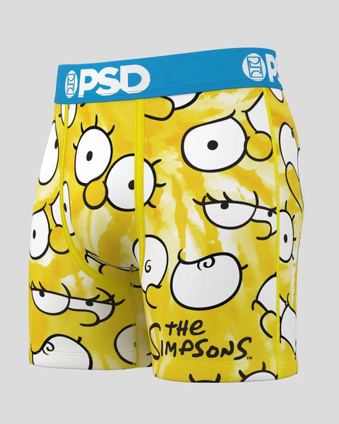 Yellow boxer shorts with repeating cartoon eyes pattern and blue PSD waistband.