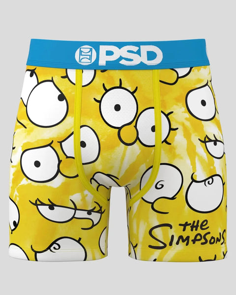 Yellow PSD boxer shorts with repeated Simpsons character eyes pattern and blue waistband.