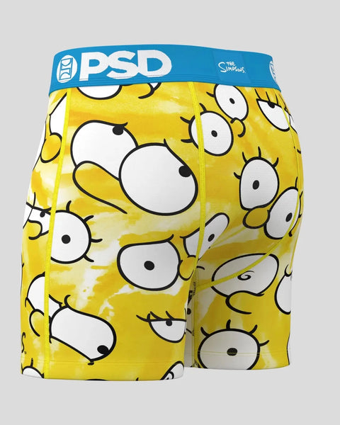 Yellow PSD boxer briefs with repeating cartoon eyes pattern and blue waistband featuring The Simpsons branding.