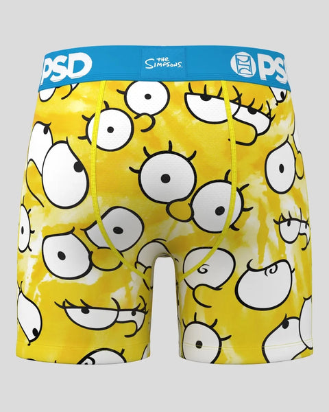 Yellow boxer briefs with repeated large white and gray cartoon eyes with black pupils and lashes on yellow background, blue P