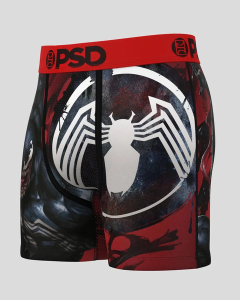 Red and black boxer briefs with white Venom spider logo and PSD waistband.