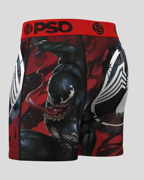 Red and black PSD underwear with Venom character graphic and white striped design on sides.