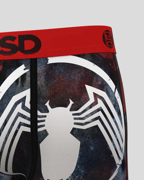 Red waistband with black Venom spider logo and white symbiote character design on dark fabric.