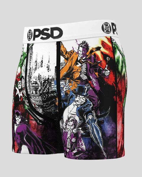PSD brand boxer shorts with colorful DC Comics villain characters and Gotham cityscape print.