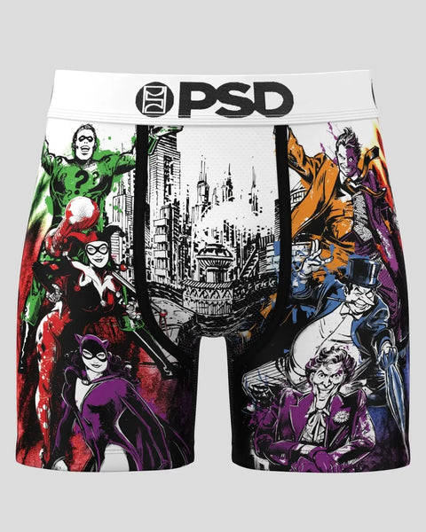 PSD boxer briefs with Gotham villains print featuring illustrated characters and cityscape design.