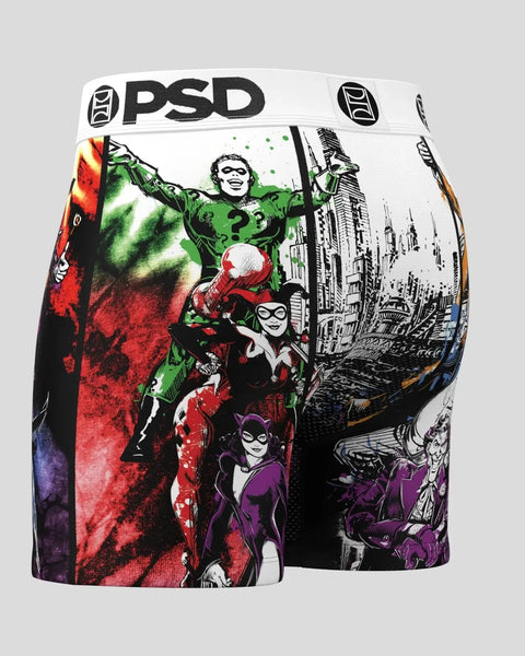 PSD boxer shorts featuring Gotham villains in green, red, and purple with cityscape background and white waistband.