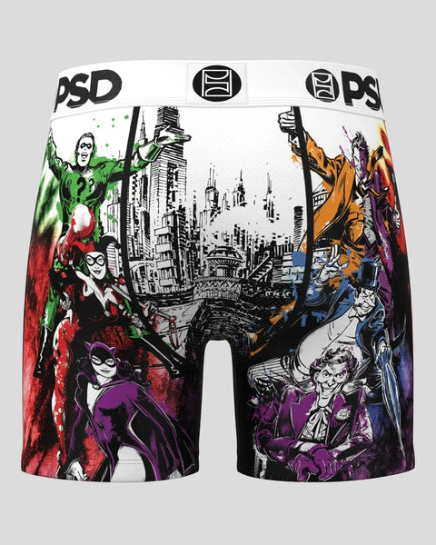 PSD brand boxer shorts featuring colorful comic-style illustrations of Gotham villains and cityscape on white and black fabri