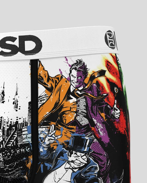 DC Gotham Villains apparel featuring illustrated characters in orange, purple, and blue with cityscape background.