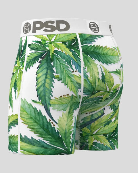 PSD boxer briefs with white waistband featuring green cannabis leaf pattern on white background.
