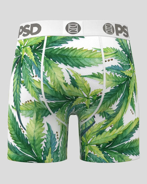 White boxer briefs with green leaf print and PSD waistband.