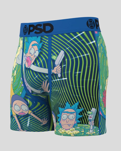 Blue PSD boxer briefs featuring Rick and Morty characters with green and yellow portal-themed graphics and striped pattern.