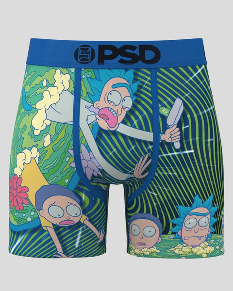 Blue PSD boxer briefs with Rick and Morty characters and green striped pattern throughout.
