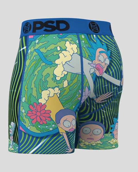 PSD blue waistband underwear with Rick and Morty characters and colorful psychedelic portal design.