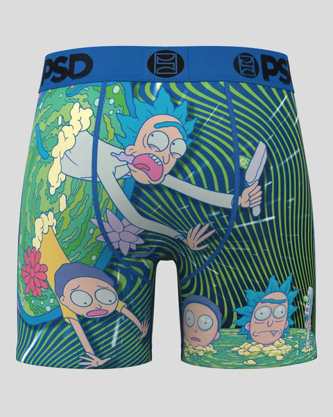 Blue and green boxer shorts with Rick and Morty characters and psychedelic portal design throughout.
