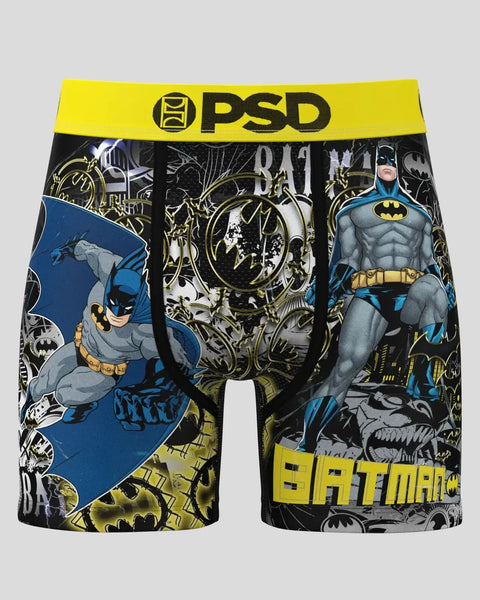 PSD boxer briefs with yellow waistband featuring Batman character illustrations, bat symbols, and 