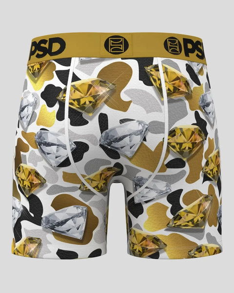 PSD brand boxer briefs with gold and silver diamond pattern on white background with yellow waistband.