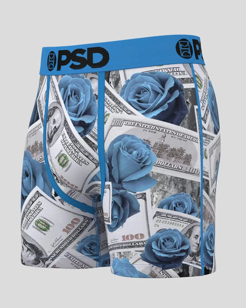 PSD boxer briefs with blue rose and dollar bill pattern, blue waistband with logo.